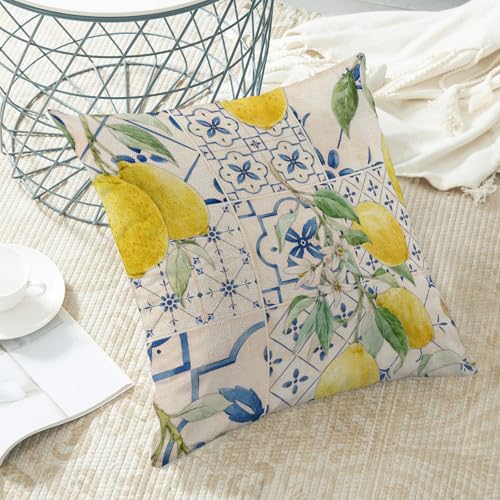 Summer Floral Pillow Covers 18x18 Set of 2, Blue and Vintage Botanical Yellow Lemon Flower Decorative Throw Pillows Farmhouse Linen Seasonal Outdoor Cushion Case for Home Couch Sofa Decor - color: Blue Yellow Lemon, size: 18" x 18" (Pack of 1)