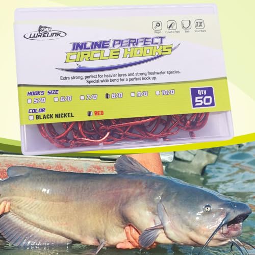 LURELINK-Inline-Circle-Hooks-Saltwater-for-Catfish-Bass-Octopus-Hooks-Fishing-Hook-Freshwater 50 Pack - color: Red, size: 8/0 50-Pack