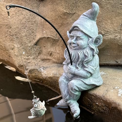 Garden Gnome Pond Statue Decoration, Fishing Gnome Garden Statue Outdoor Koi Pond or Waterfall Decor, 9.7" Stone Gnome Fishing Poolside Statue, Elf Pond Statue, Great Gifts & Housewarming for Mom - color: Gnome Fishing （stone）