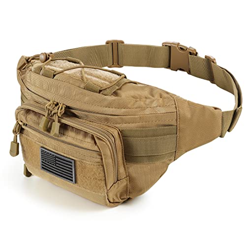 SOWHUP Tactical Fanny Pack,Military Waist Bag Pack with U.S Patch Utility Hip Belt Bumbag for Outdoor Fishing Hiking (Tan(4 Zipper Pockets)) - color: Tan(4 Zipper Pockets)