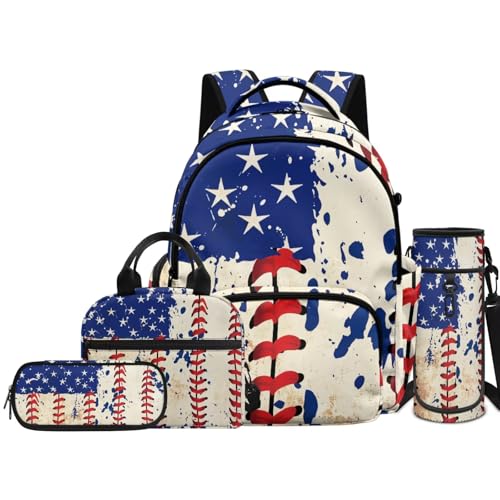 Kids' Backpacks School-Bag 4 Pack Set Custom Baseball Print Backpack with Lunch Box Pencil Case Water Bottle Holder Sling Bag with Pocket Adjustable Strap - color: Custom Baseball Print B