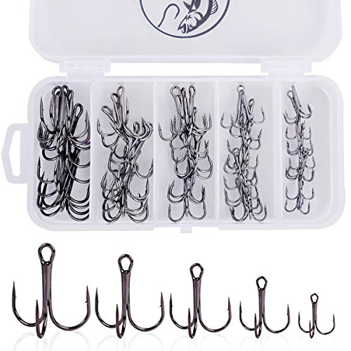 UCEC Fishing Hooks Treble Hooks Kit for Saltwater Freshwater, High Carbon Steel Strong Sharp Round Bend for Catfish Trout Hard Baits Lures, Size #1#2#4#6#8#10#12#14 110/50/210 Pack with Split Rings - style: 50pcs, #2 #4 #6 #8 #10