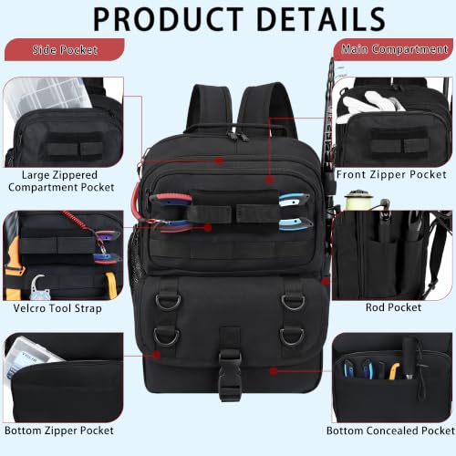 Fishing Backpack with Tackle Boxes,Fishing Sling Tackle Bag with Rod Holder Waterproof Fishing Bag with Fishing Gear, Fishing Gifts for Men Women Gear Combo Kit,Black - color: Black