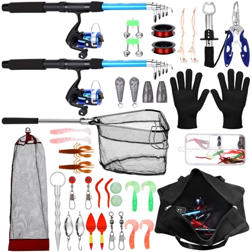 MiniInflat Telescopic Fishing Rod and Reel Combo, 6.89ft 2pcs Collapsible Rod with Plier Lip Gripper Lures Carrier Bag Pre-Loaded Spinning Reel Saltwater Freshwater Fishing Pole Kit - color: Blue