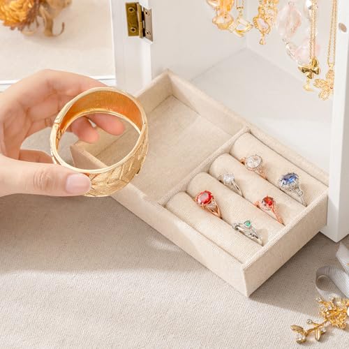 SINGLBA Necklace Holder Organizer, Wooden Jewelry Box for Women Girls, Rotatable Jewelry Organizer Case with Ring Tray Display & Storage for Necklaces Bracelets Rings Earrings, Gifts for Women Her - color: White