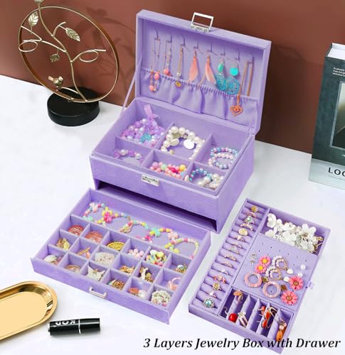 QBestry 3-Layer Jewelry Box for Girls & Teens with Lock and Key, Large Jewelry Organizer with 8 Necklace Hooks & 56 Earring Holes, Violet Velvet Jewelry Storage Box for Necklace Earring Ring Bracelet - color: Violet