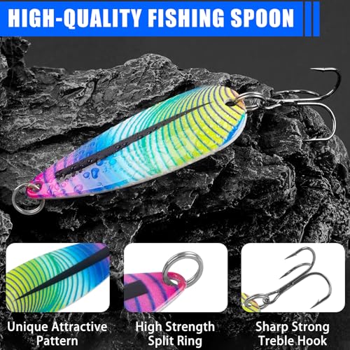 Fishing Spoons Lures 5pcs Saltwater Fishing Lures Trout Spoons, Metal Jig Trolling Jigging Lure Spinner Baits with Treble Hooks for Bass Trout Walleye Salmon - size: 1/2oz-5pcs