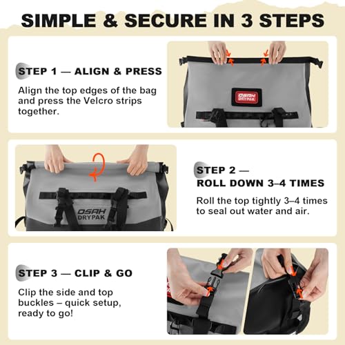 OSAH DRYPAK Waterproof Duffel Bag 25L/40L/60L – Heavy-Duty Motorcycle Tail Bag, Roll-Top Dry Bag for Travel, Camping, Boating, Kayaking, Outdoor Adventure - color: GREY, size: 60L