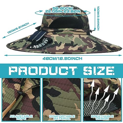 Berlune Sun Hat with 2 Solar Fan Wide Brim Fishing Bucket Hat USB & Solar for Men Women UPF 50+ Cooling for Fishing Beach - color: Camouflage Army Green, size: 5.9 Inch Brim