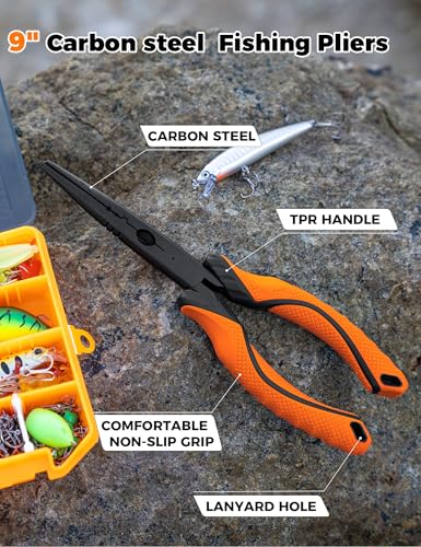 Fishing Tools Kit, Fishing Pliers,Fishing Scissors, Fishing Line Cutter for Braided Fishing Line,Fishing Gear with Lanyard - color: 9"Fishing Pliers Orange