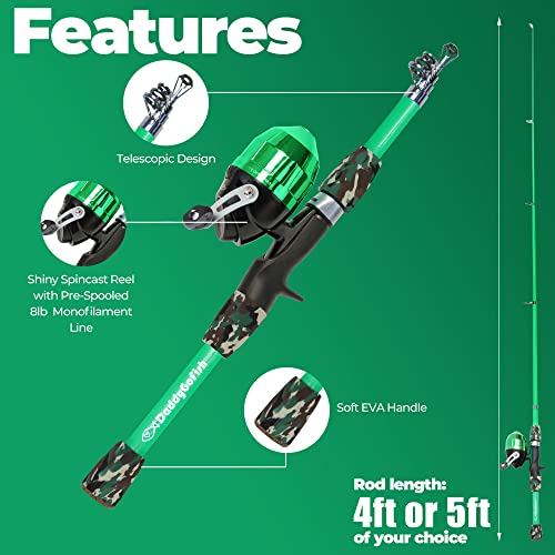 DaddyGoFish Kids Fishing Pole - Rod Reel Combo Tackle Box Starter Set - First Year Small Dock Gear Kit for Boys Girls Toddler Youth Age Beginner Little Children Junior Anglers - color: Green (Complete Set), size: 5ft