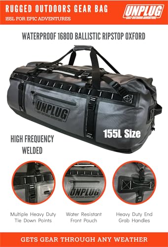 UNPLUG Ultimate Adventure | 1680D Heavy Duty Waterproof Bag | Large Travel Bag which can be Used for Camping, Motorcycling, Boating, or Hunting|155L Storm Grey - color: Storm Grey, size: 155L
