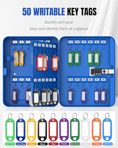 Uniclife 48 Keys Lock Box for Keys with Code, Wall Mount Key Lock Box with Code, Lockbox for Keys, Key Lockbox with Tags, Key Cabinet, Key Storage Box for Home Office & Company, Blue - color: Blue, size: 48 Keys