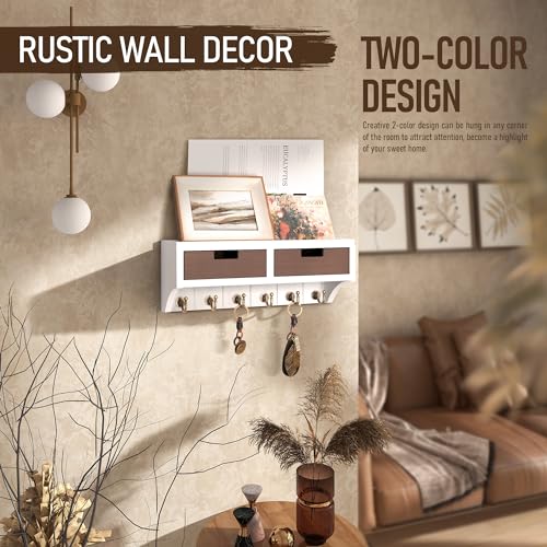 Rebee Vision Key Holder Wall Mount with 2 Drawer Organizer: Decorative 2-Color Mail Organizer for Wall with 6 Hooks - Farmhouse Home Organization for House Decor (White & Retro Brown) - color: White & Brown, style: 2-Drawer