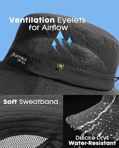 FURTALK Mens Bucket Sun Hat UPF 80+ Wide Brim Hiking Fishing Beach Outdoor Hats - color: Black