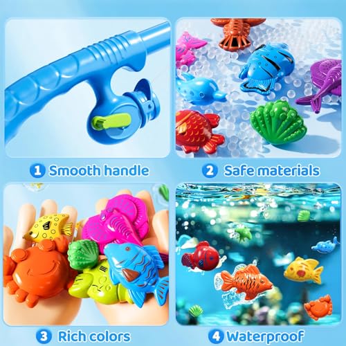 Magnetic Fishing Pool Toys Game for Kids Toddlers 3-5 4-8, Fishing Water Table Bathtub Toy with Inflatable Pool Pole Rod Net Plastic Floating Fish, Water Bath Pool Outdoor Toys for Kids Toddlers Baby - style: 44Fish+3Rod+3Net+Pool