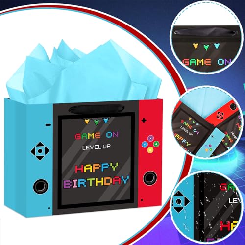 Hooqict Large Video Game Birthday Gift Bag Happy Birthday Gift Wrapping Bag with Handles, Tissue Paper and Greeting Cards for Kids Boys Men Gamer Themed Party Supplies - color: Video Game