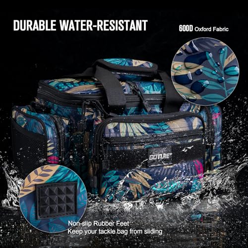 Goture Fishing Tackle Bag with 3pcs 3600 Green Tackle Boxes,600D Water-Resistant Soft Side Cross Body Sling Fishing Bag, Small Saltwater Gear Storage Tactical Bags, Gifts for Men/Women - color: A1:Blue Leaf with 3 Green Tackle Boxes, size: Small