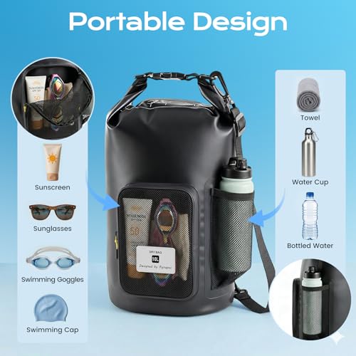 Rynapac 10L Waterproof Dry Bag with Bottle Holder & Mesh Pocket, 500D PVC Tarpaulin Roll Top Dry Sack with Inner Waterproof Adsorption Film, Dry Storage Bag for Kayaking, Boating, Beach, Camping - size: 10L