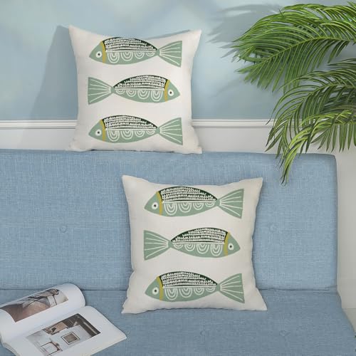Coastal Pillow Covers 18x18 Inch Set of 2 Ocean Beach Green Fish Throw Pillows Summer Nautical Outdoor Decorative Pillow Cases Linen Farmhouse Cushion Cover for Couch Home Sofa Bedroom Decor - color: Green Fish, size: 18" x 18" (Pack of 2)