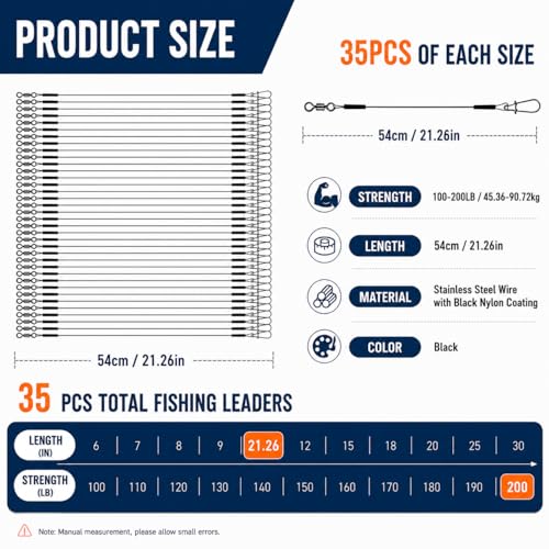 Stainless Steel Fishing Wire Leaders, Black Coated & Uncoated Options, Heavy Strength 31–100LB, 6–21in Multi Sizes with Rolling Swivels Snaps for Salt Fresh Water Shark Pike Barracuda - color: 35pcs-21.26in(100LB-200LB)