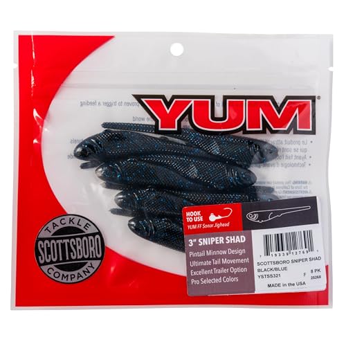 YUM Sniper Shad Soft Plastic – Realistic Minnow Bass Fishing Lure, Jig Head & Underspin Trailer, 3” 4” 5” Sizes, Multiple Colors - color: Black Blue, size: 3"