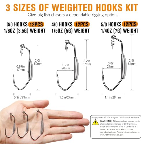 Dovesun 12PCS/44PCS Weighted Swimbait Hooks Weighted Fishing Hooks Saltwater Freshwater Worm Weedless Hooks for Bass Fishing 3/0 4/0 5/0 - color: Weighted Hooks, size: Size4/0-Weight1/5oz-12pcs