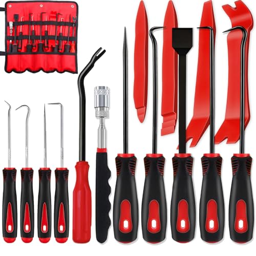 KEZE 15Pcs Carbon Steel Precision Pick & Hook and Trim Removal Tool Set with Scraper and Magnetic Telescoping Tool Kit for Remove Automotive Electronics Maintenance Hoses Gasket Hand Pick Up Tools - color: Red-15 Hook and Pick Set