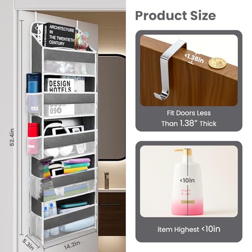 Easy Assembly Over The Door Organizer, 6 Shelves& 10 Side Pockets, Heavy-Duty Reinforced Mesh Rack Holds 44lb, Hanging Behind Door Storage for Bathroom Pantry, Nursery, Closet, Shoes, Towels-Dark Grey - color: Dark Grey, size: 6 shelf