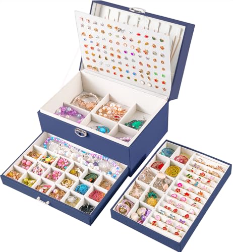 QBestry Earring Jewelry Box for Women Girls Stud Organizers, 5 Layers Navy Jewelry Organizer Box with Lock Necklaces and Earrings Holder Jewelry Box with Earring Organizer for Women Girls Xmas Gifts - color: Navy, size: Large