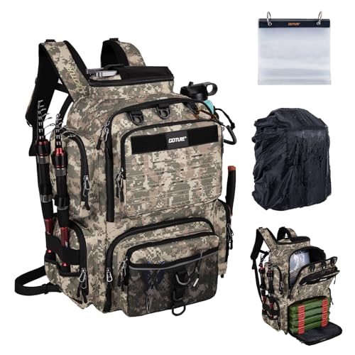 Goture Fishing Backpack,900D Water-Resistant Tackle Backpack with Rod Holders, SBS Zippers,45L Large Fishing Bag Storage Gear Tackle Bag with Rain Cover, Bottle Holder for Travel Camping Hiking - color: A1:3# Camo(Only Bag), size: Without Tackle Boxes