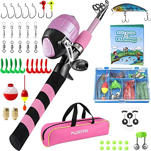 PLUSINNO Kids Fishing Pole, Portable Telescopic Fishing Rod and Reel Combo Kit - with Spincast Fishing Reel Tackle Box for Boys, Girls, Youth - color: Pink, size: 3.94 ft