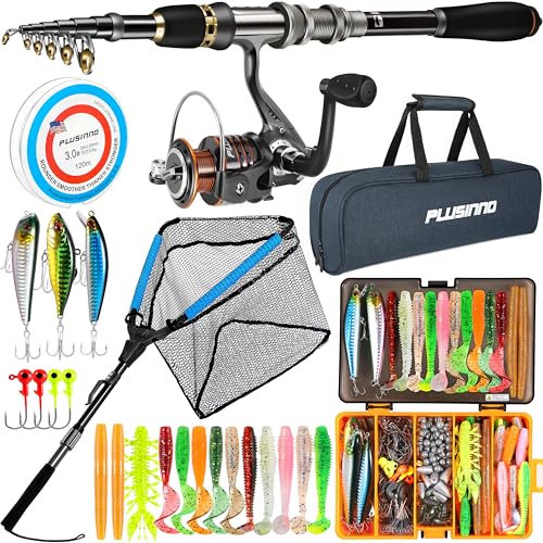 PLUSINNO Fishing Gear - Telescopic Fishing Rod and Reel Combo with Tackle Box, Collapsible Rod and Lures Box, Travel Fish Pole Starter Kit, Fishing Accessories Tackle Lure Kit Gifts for Men Bass Trout - color: Full kit with lures and net, size: 1.8m 5.91f