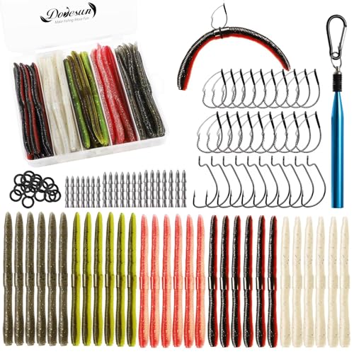 Dovesun Wacky Worm for Bass Trout Fishing Worms Kit with Soft Plastic Baits, Weedless Hooks, Bass Hooks,Weedless Jig Head, Wacky Rig Tool, O-Rings, Weight 152Pcs/131Pcs/50Pcs - color: B-152PCS Wacky Worms & Fishing Hooks Kit
