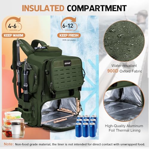 Goture Fishing Backpack, 58L 900D Water-Resistant Insulated Tackle Backpack with Cooler, Rod Holders, 8 Lure Pockets, Detachable Crossbody Bag, Gear Storage Large Fishing Bag for Camping Hiking - color: Green
