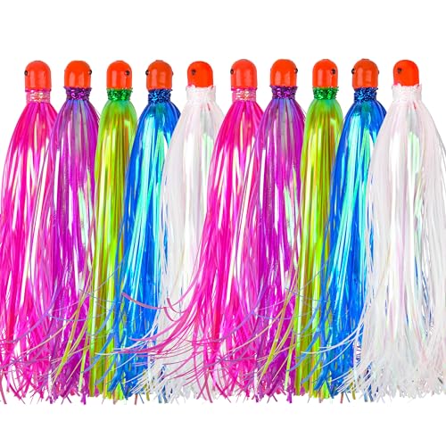 Mylar Skirt Trolling Lures 5.2in Fishing Mylar Skirts Trolling Teasers 3/8 oz Weighted Bullet Head Skirted Trolling Lures with Through-Hole for Mahi Tuna Wahoo Offshore Fishing - color: Mixed colors-10pcs