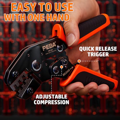 PEBA Open Barrel Crimping Tool Kit - 20 Sizes Spade Connectors Open Terminals & AWG 24-14 Ratcheting Wire Crimper, 2.8/3.9/4.8/6.3mm Non-Insulated Copper Terminals for Car Audio Speaker, Auto Wiring