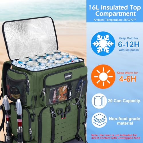Goture Fishing Backpack with Cooler,72L Large 600D Tackle Backpack with Rod Holders,Dry & Wet Split Compartment,Adjustable Main Compartment,Rain Cover,Insulated Tactical Bag for Travel Camping Hiking - color: A1:Green(Only Bag,Without Tackle Box)