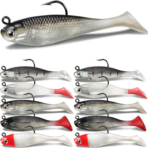 Soft Fishing Lures Shad Minnow Swimbaits, Pre-Rigged Jig Heads Paddle Tail Swim Baits for Bass, Trout, Walleye, Crappie, Sinking Jigs Bait for Saltwater Freshwater, Fishing Gifts for Men - color: A6-Weedness Pre Rigged Swim Baits-10pcs- 3.15inch
