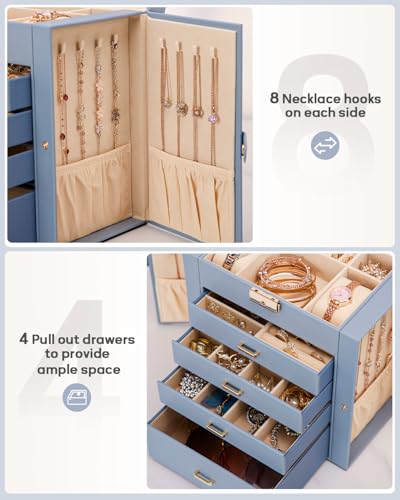 Homde Synthetic Leather Huge Jewelry Box Mirrored Watch Organizer Necklace Ring Earring Storage Lockable Gift Case (Grey Blue + Gold) - color: Grey Blue + Gold