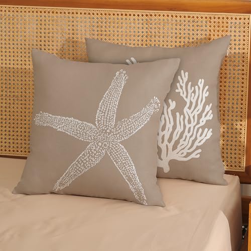 Brown Coastal Pillow Covers 16x16 Inch Set of 2 Nautical Brown Starfish Coral Throw Pillows Spring Summer Beach Ocean Pillowcases Linen Outdoor Decorative Cushion Covers for Bed Sofa Couch - color: Brown Starfish Coral, size: 16" x 16" (Pack of 2)