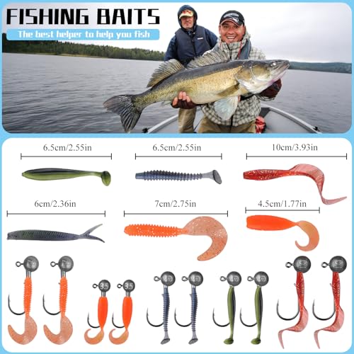 Soft Fishing Lures Set with Tackle Box, 6.5cm/8cm Paddle Tail Swimbaits, 60PCS Soft Plastic Baits with Curly Tails, Freshwater Fishing Lures for Bass, Trout, and More - color: 70 soft baits +30 Tube Jig+ double-sided bait boxes