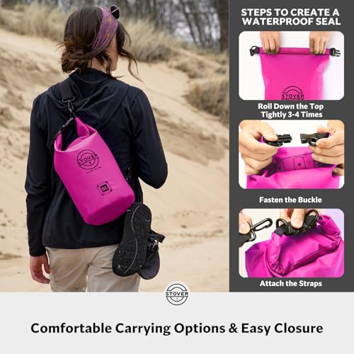 STOVER 5/10/25/30/40/55L Waterproof Dry Bag, Small Lightweight Roll Top Dry Bag Backpack w/Waterproof Phone Case, Kayaking, Travel, Hiking, Fishing, Tubing, Camping, the Beach, Men/Women (Pink) - color: 5l Pink, size: 5L