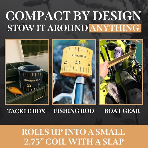 Roll-up & Slap-on Premium Fishing Tape Measure - Easy-to-Read Catch and Release Fish Measuring Device for Boat & Kayak Accessories - Compact & Extendable Fish Ruler (Gold - 24" Inches) - color: Gold