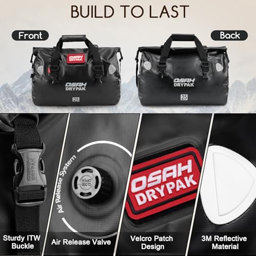 OSAH DRYPAK Waterproof Duffel Bag - Motorcycle Dry Bag Tail Bag with Large Storage Space, Waterproof Luggage Duffle Bags with Outer Mesh Zipper Pocket for Camping, Kayaking, Fishing & Traveling - color: Black, size: 60L