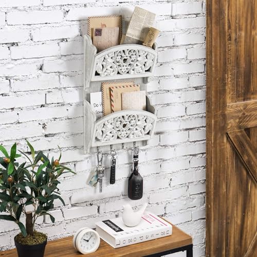 Mail Organizer with Key Holder,2-Slot Mail Holder with 4 Key Hooks for Wall Decorative, Wooden Hanging Organizer for File Letter in Shelf Home Farmhouse Decor for Entryway Office - style: Rustic