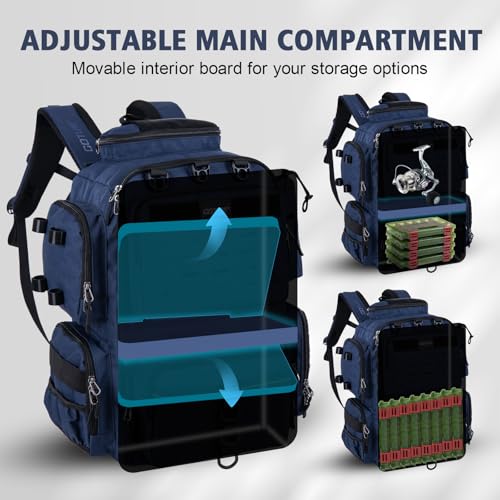 Goture Fishing Backpack,900D Water-Resistant Tackle Backpack with Rod Holders, SBS Zippers,45L Large Fishing Bag Storage Gear Tackle Bag with Rain Cover, Bottle Holder for Travel Camping Hiking - color: A1:Blue(Only Bag), size: Without Tackle Boxes
