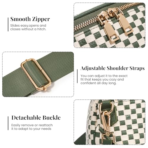 Woven Vegan leather Crossbody Bags For Women, Checkered Fashion PU Bum Bag Waist Pack, Travel Sling Purse with Adjustable Strap（Bean Green) - color: White and Bean Green