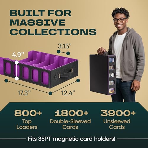 5-Row Mtg Trading Card Storage Box With Display Windows - Magnifier Ruler, 2 Display Stands, 7 Cardholders - 3000+ Card Case With Magnetic Closure, Sports TCG Card Organizer - Purple Card Boxes - color: Black, Purple (5 Row)