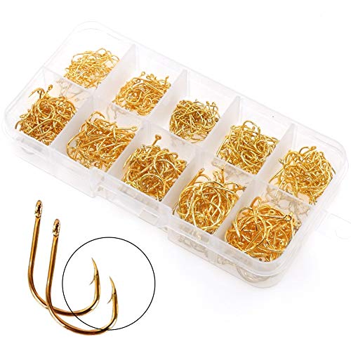 500PCS Small Fishing Hooks, Assorted 10 Sizes(3#-12#) Fish Hooks Portable Plastic Box, Strong Sharp Fishhook with Barbs for Freshwater/Seawater - color: Gold